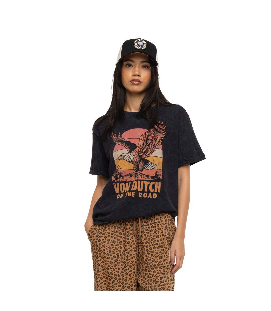 T-shirt femme col rond regular acid wash print devant et dos Eagle Vondutch-1