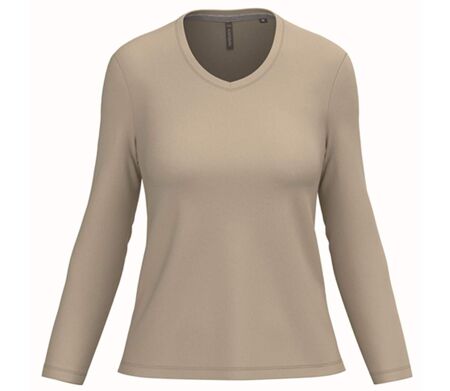 T-shirt manches longues col V - Femme - K382 - beige