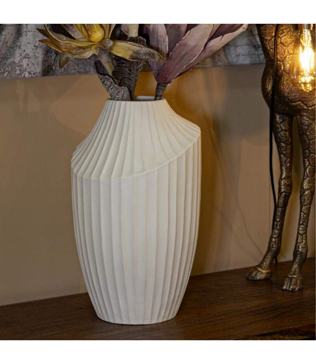 Vase Design Rainuré Ice 38cm Crème-5
