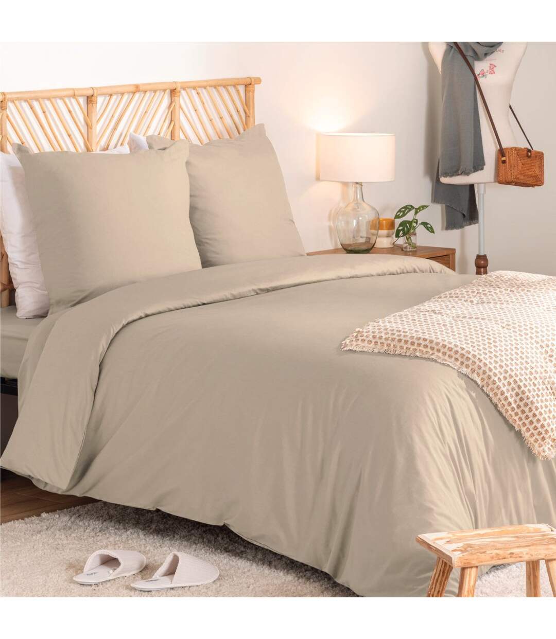 Parure de Lit 3 Pièces Percale 260x240cm Beige Lin-1