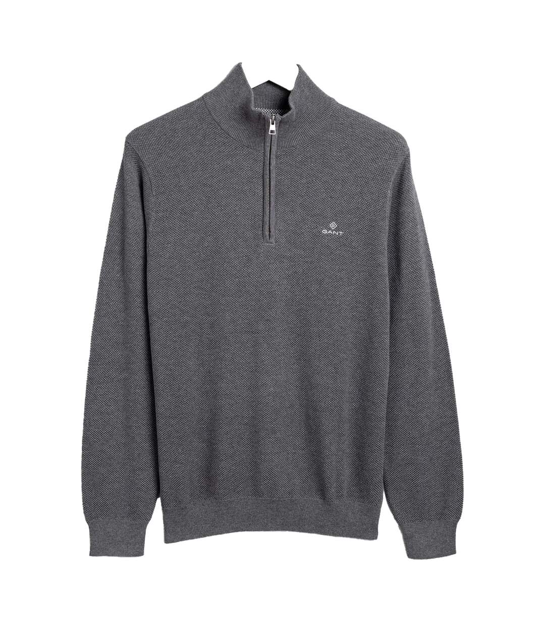 Mens Cotton Pique Half Zip Sweater Top Grey Marl Gant-1