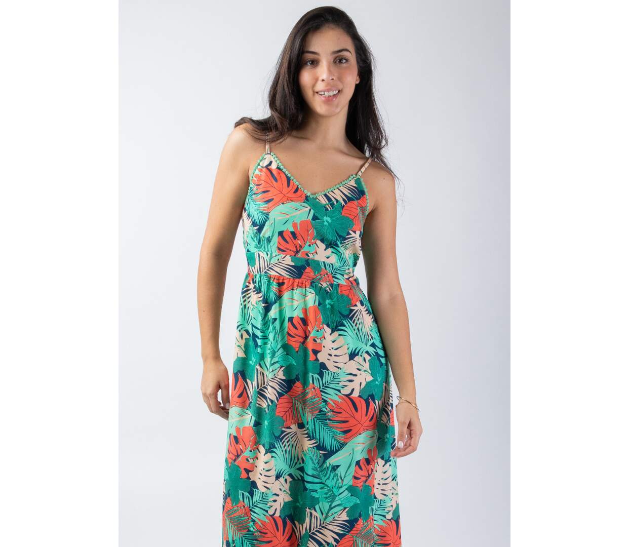 Robe longue fluide AMYNA fines bretelles imprimé tropical vert Coton Du Monde-2