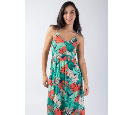 Robe longue fluide AMYNA fines bretelles imprimé tropical vert Coton Du Monde