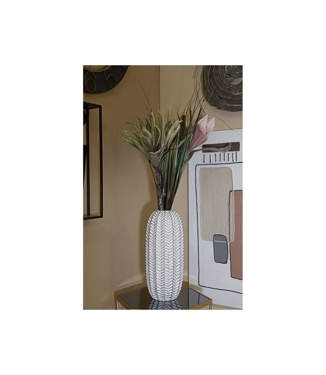 Vase Déco en Résine Leaf 46cm Blanc-5