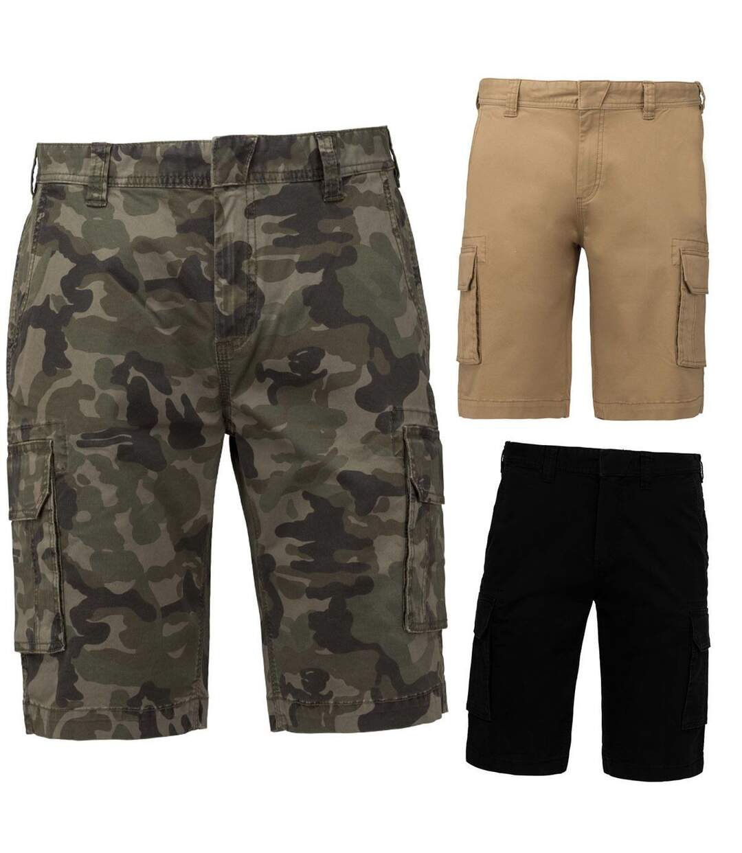 Lot 3 bermudas multipoches homme K754 - beige camel noir et vert army camo