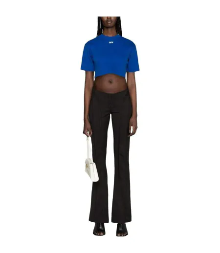 Womens/ladies Stamp Ribbed Crop T-shirt Blue Off White