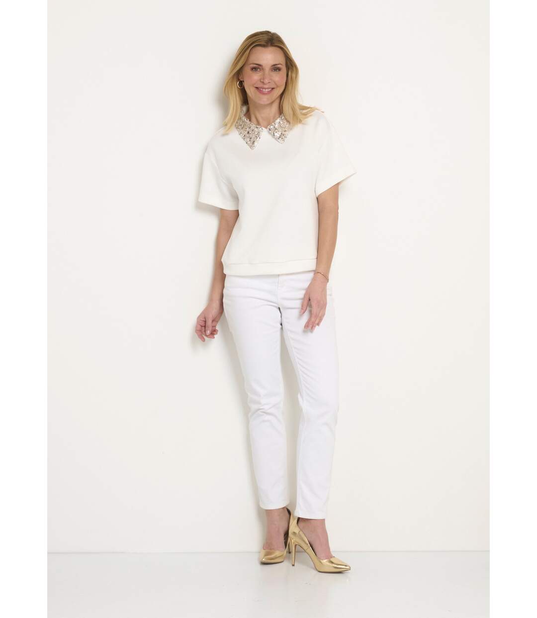 Blouse col pailleté sequins manches courtes-3