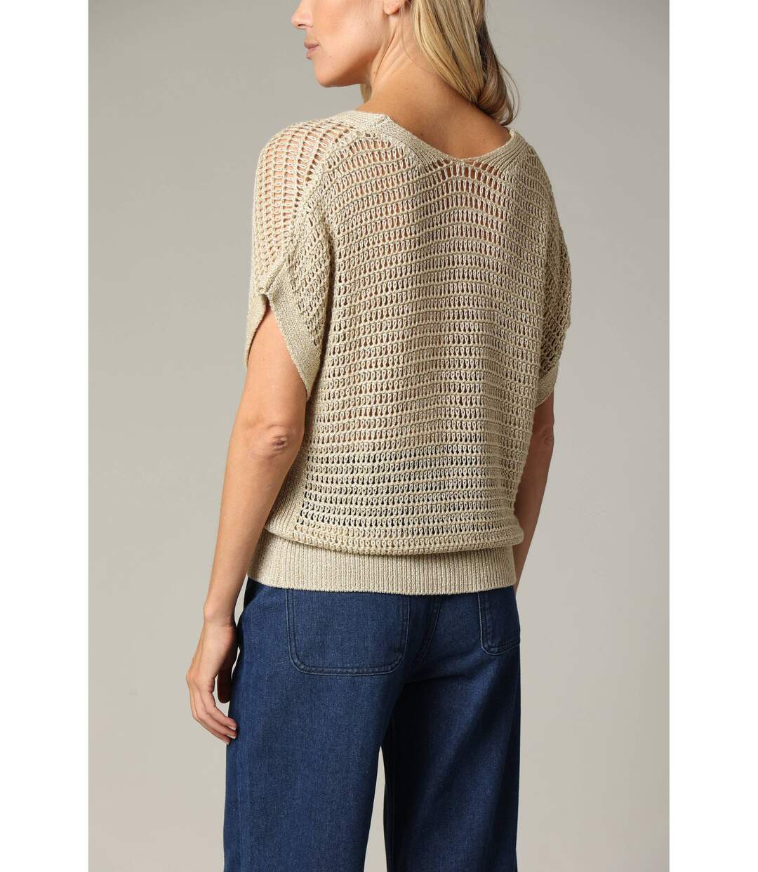 Pull ample en viscose tout en crochet lurex beige LUZIA-4