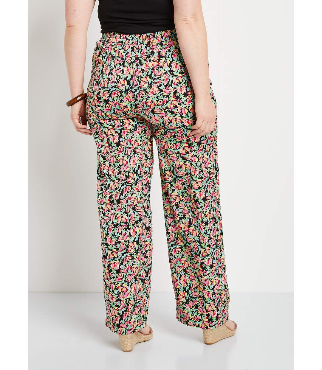 Pantalon taille semi-élastiquée satin fleuri-2