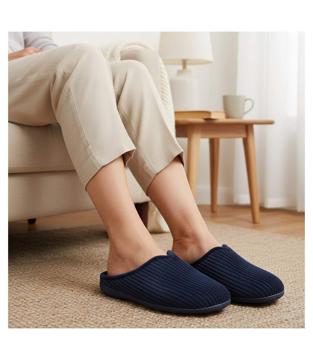 OZABI Mules Femme Unies, Velours Côtelé Synthétique, Passepoil Fourrure-2