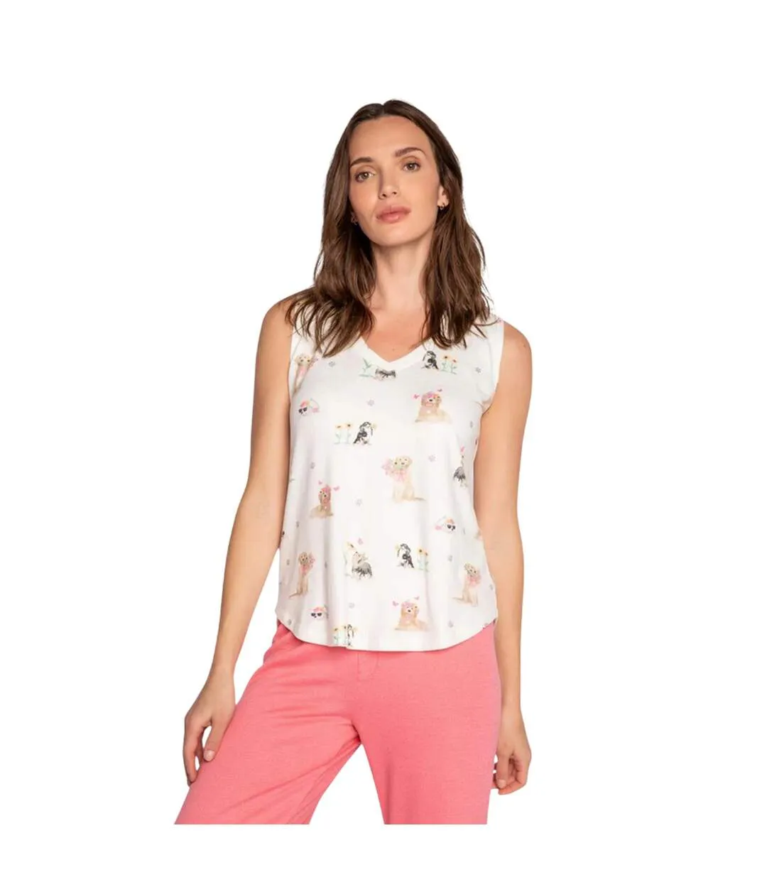 Womens/ladies Dog Print Sleeveless Pyjama Top Off White PJ Salvage-4