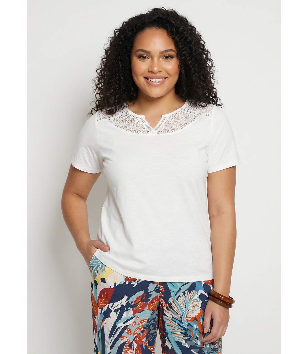 T-shirt coton maille flammée dentelle-1
