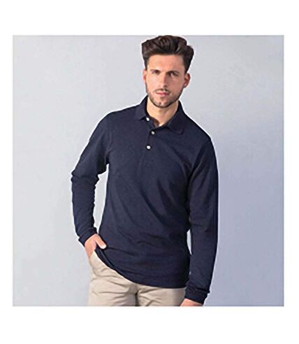 Henbury Mens Classic Plain Long Sleeve Cotton Polo Shirt (Navy)