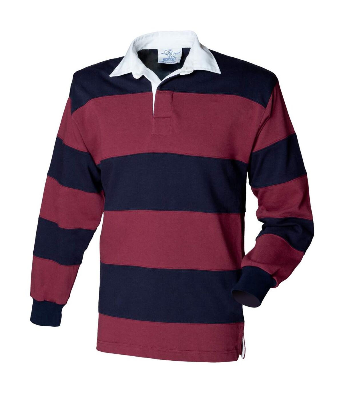 Front Row Sewn Stripe Long Sleeve Sports Rugby Polo Shirt (Burgundy/Navy) - UTRW476