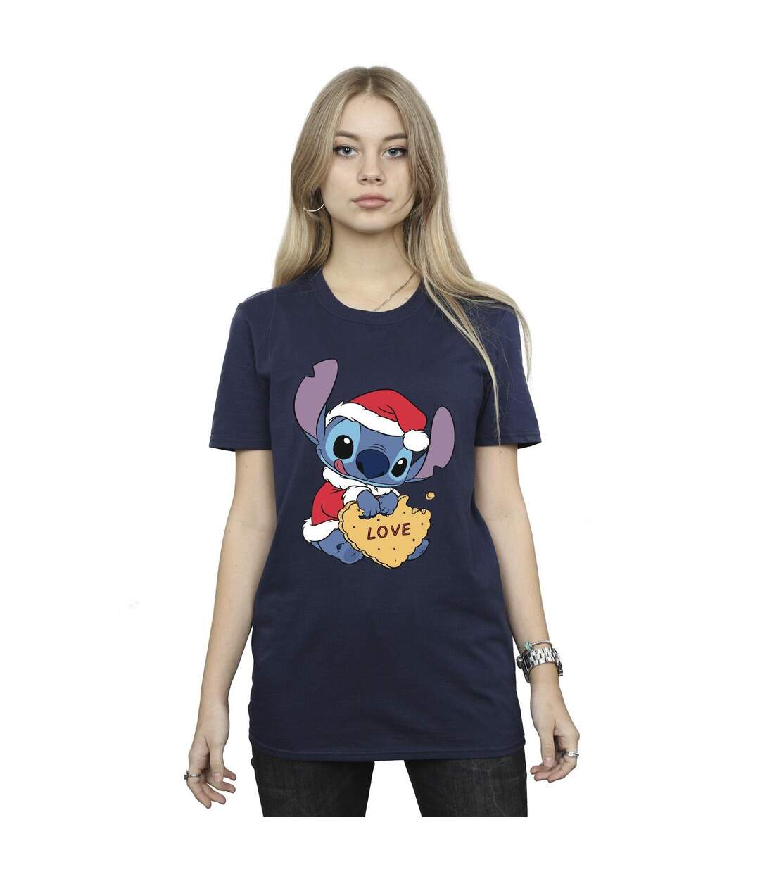 Disney Womens/Ladies Lilo And Stitch Christmas Love Biscuit Cotton Boyfriend T-Shirt (Bleu marine) - UTBI29971-1