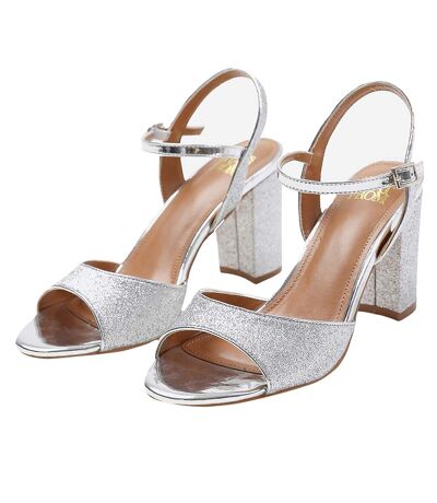 Womens/ladies Florence Faux Leather Ankle Strap Wide Mid Heel Sandals Silver Where´s That From