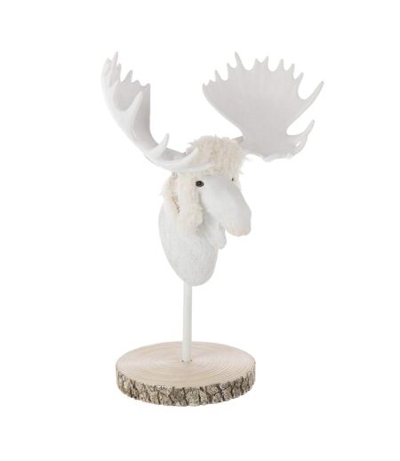 Tête d'Élan sur Socle Imitation Fourrure 49cm Écru
