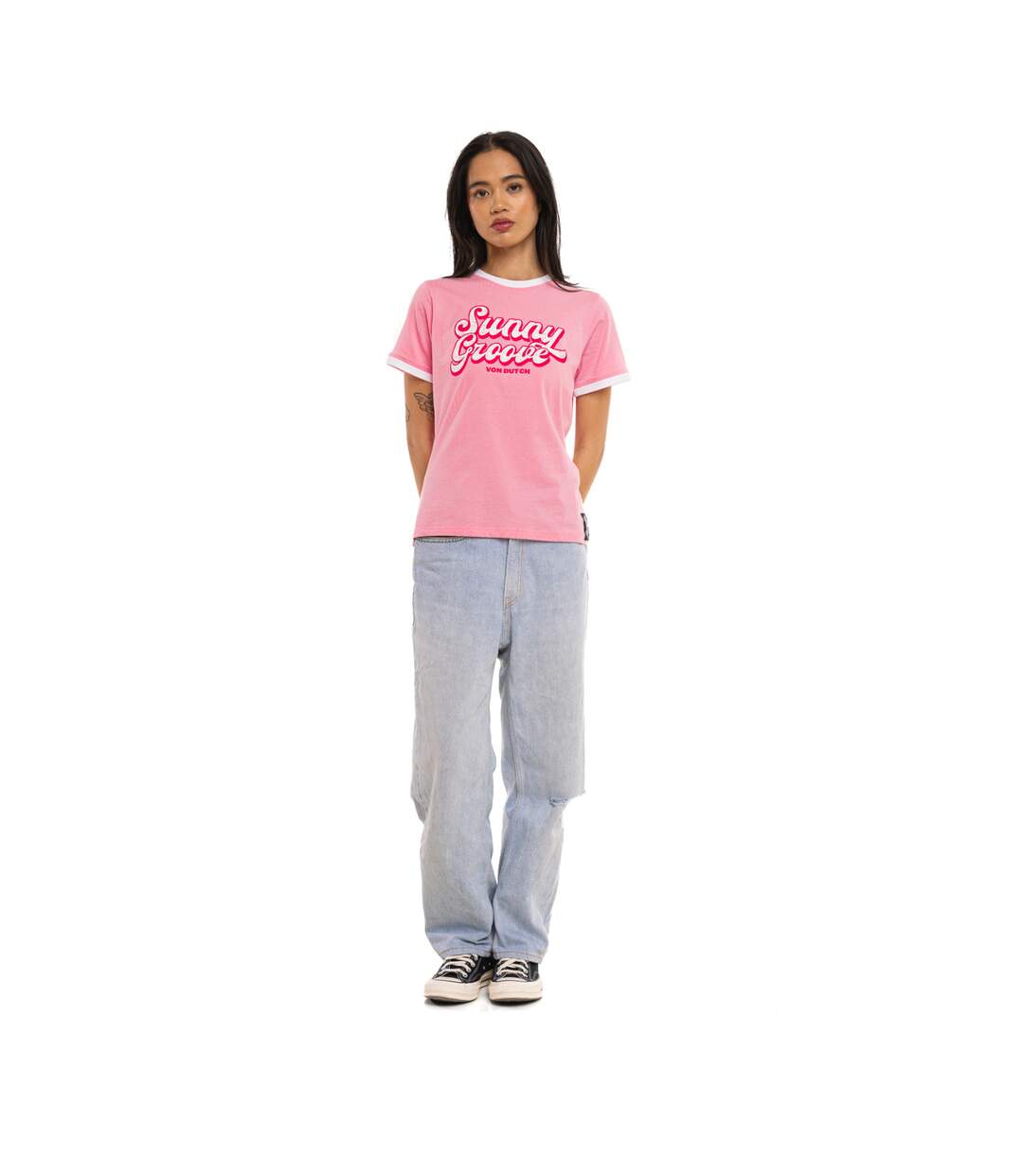 T-shirt femme col rond avec Rib contrastés et print devant Groovy Vondutch-4