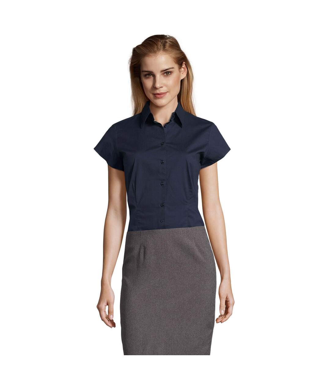 Womens/ladies Excess Stretch Short-sleeved Blouse Dark Blue SOLS-1