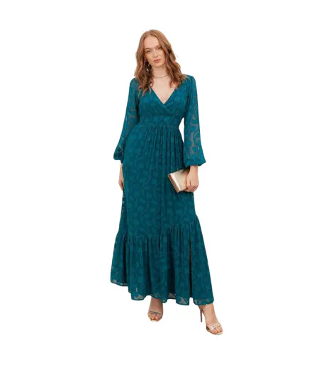 Robe Longue Manches Longues Motif/style Floral En Relief Femme Vert Sarcelle Lovedrobe