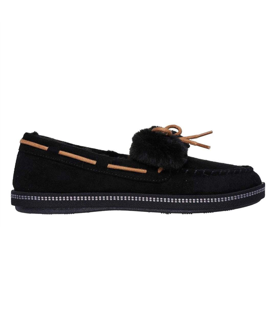 Womens/ladies Bow Faux Fur Trim Moccasin Slippers Black Skechers-3