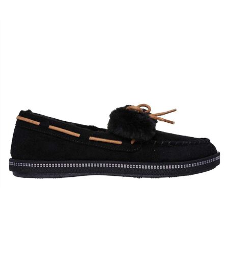 Womens/ladies Bow Faux Fur Trim Moccasin Slippers Black Skechers