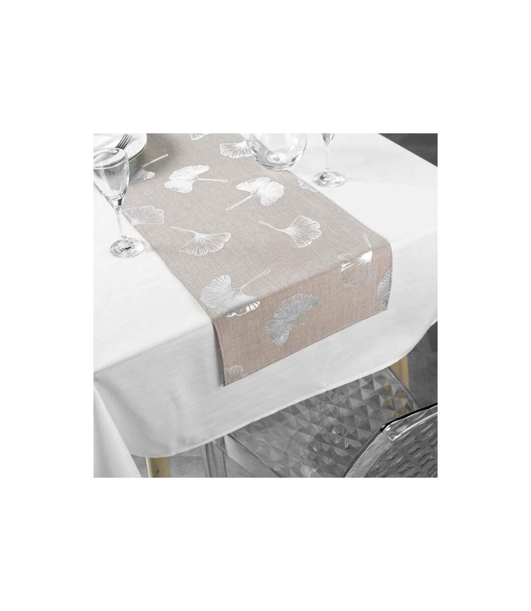 Nappe & Chemin de Table Euphoria 140x250cm Blanc & Noisette