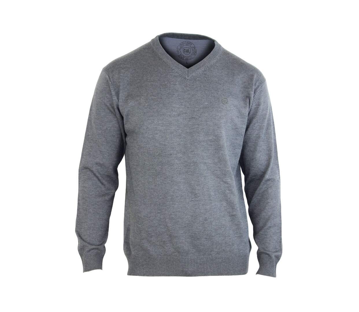 Pull Col V Homme PALAIS3 Gris avec Finitions Chambray-2