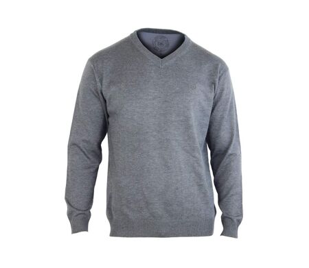 Pull Col V Homme PALAIS3 Gris avec Finitions Chambray