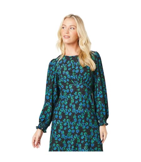 Womens/ladies leopard print shirred cuff long-sleeved midi dress black/blue/green Dorothy Perkins