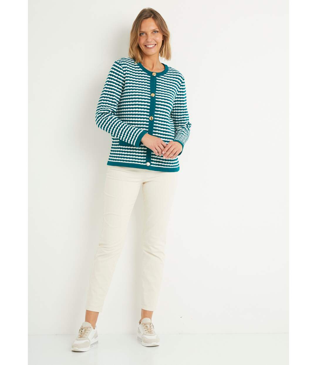 Gilet boutonné rayé chic avec col rond-3