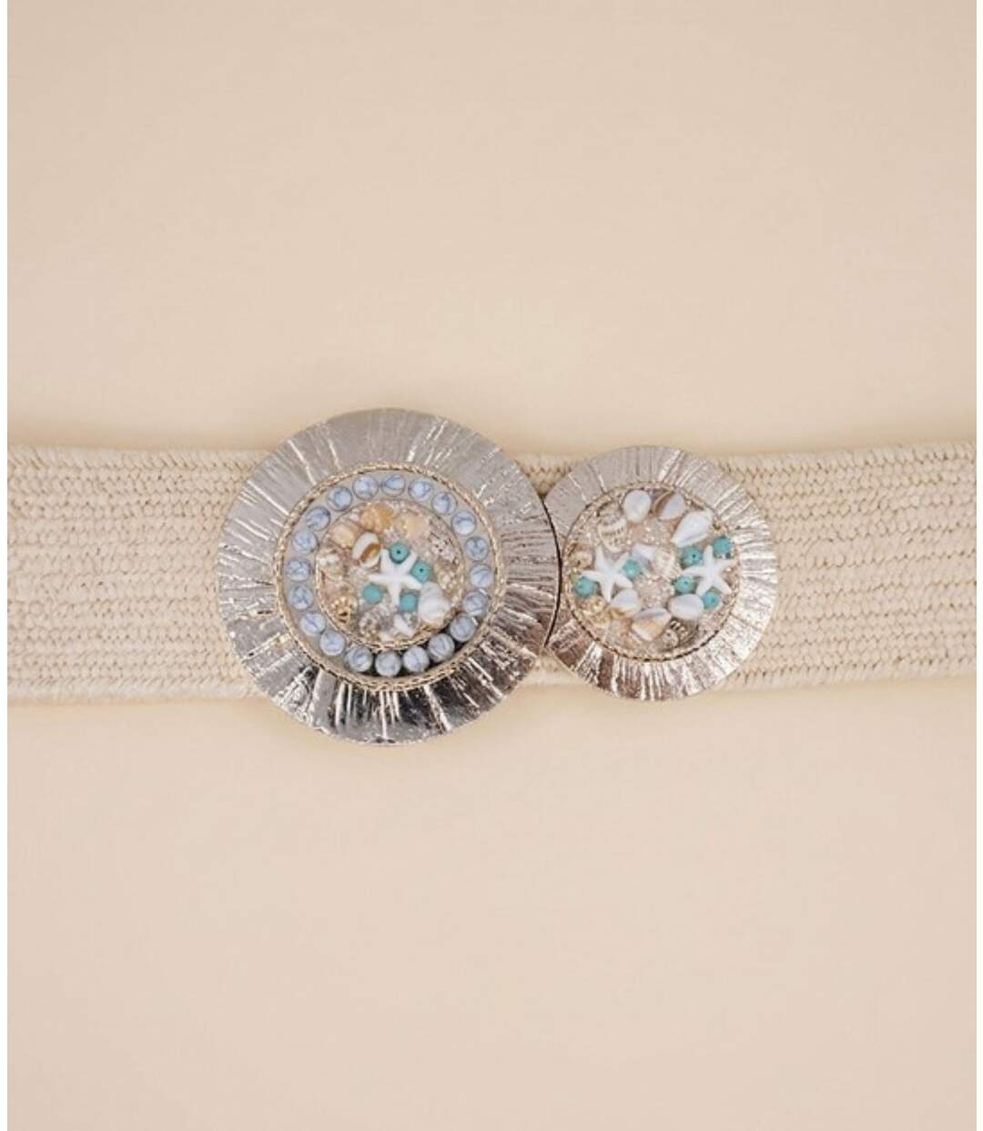 Ceinture Femme élastique Ecru - Boucle Dorée & Coquillage - Taille Unique-2