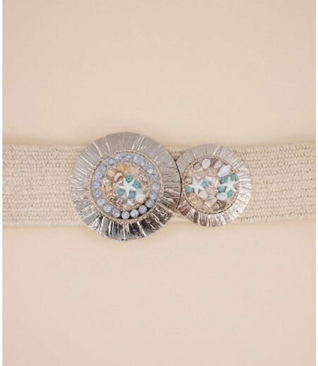 Ceinture Femme élastique Ecru - Boucle Dorée & Coquillage - Taille Unique