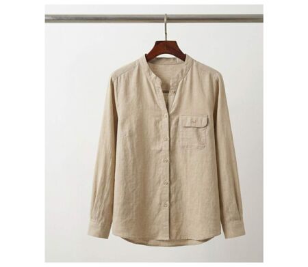 Chemisier Femme Beige en Coton Texturé Manches Retroussables