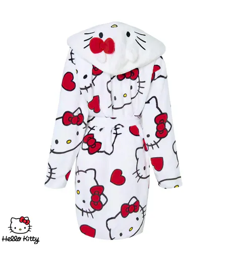 Womens/ladies 3d Ears Fleece Robe White Red Black Hello Kitty