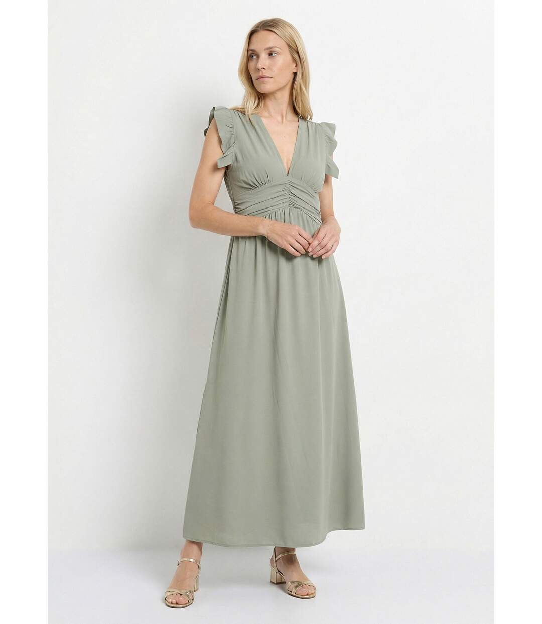 Robe longue sans manches taille plissée-1