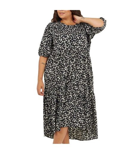 Womens/ladies Floral Plus 3/4 Sleeve Midi Dress Black Brave Soul