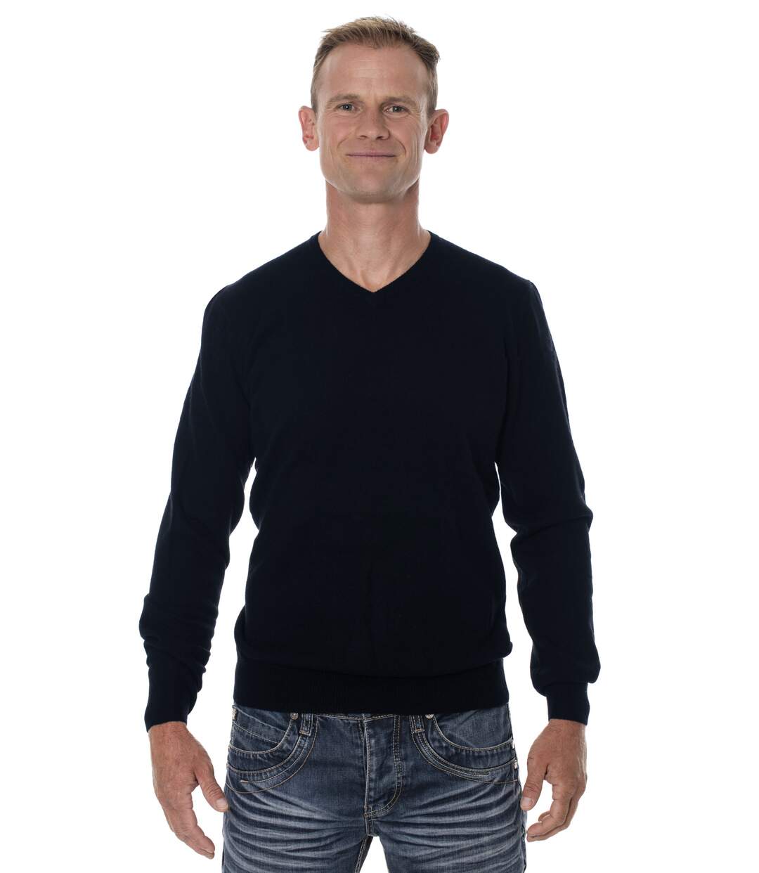 Pull mérinos homme 100% laine col V bleu marine-2