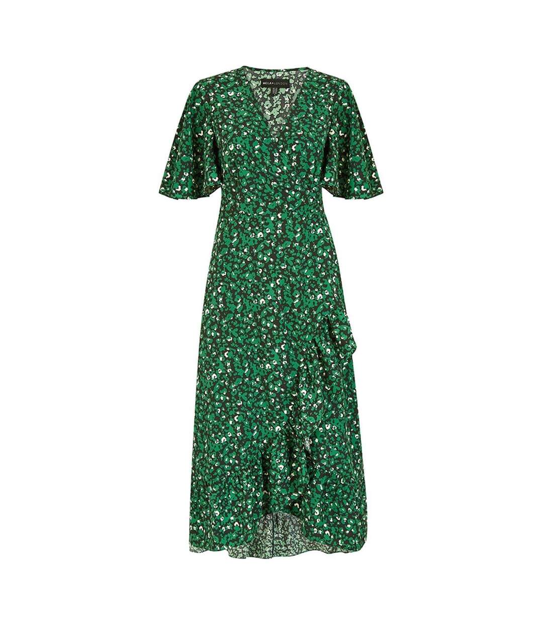 Robe Portefeuille Manches Volantées Motif/style Imprimé Léopard Femme Vert Mela London-2