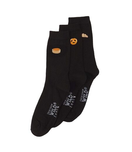 6 Pairs Ladies Multipack Black Novelty Socks: Embroidered Crew Cotton Socks