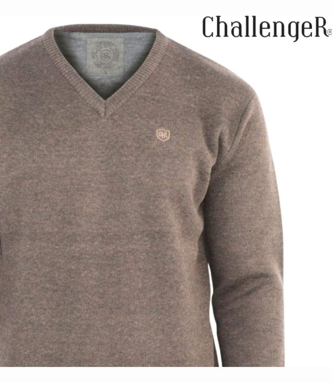 CHALLENGER PINSON4 — Pull uni col V taupe : chaleur et élégance au quotidien-2