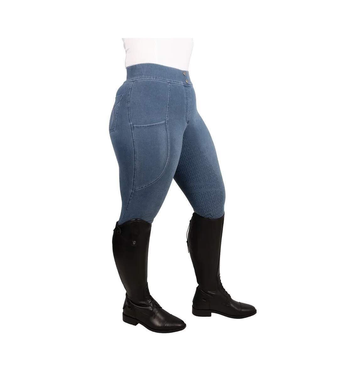 Womens/ladies Elevate Chambray Denim Horse Riding Tights Blue Hy-1