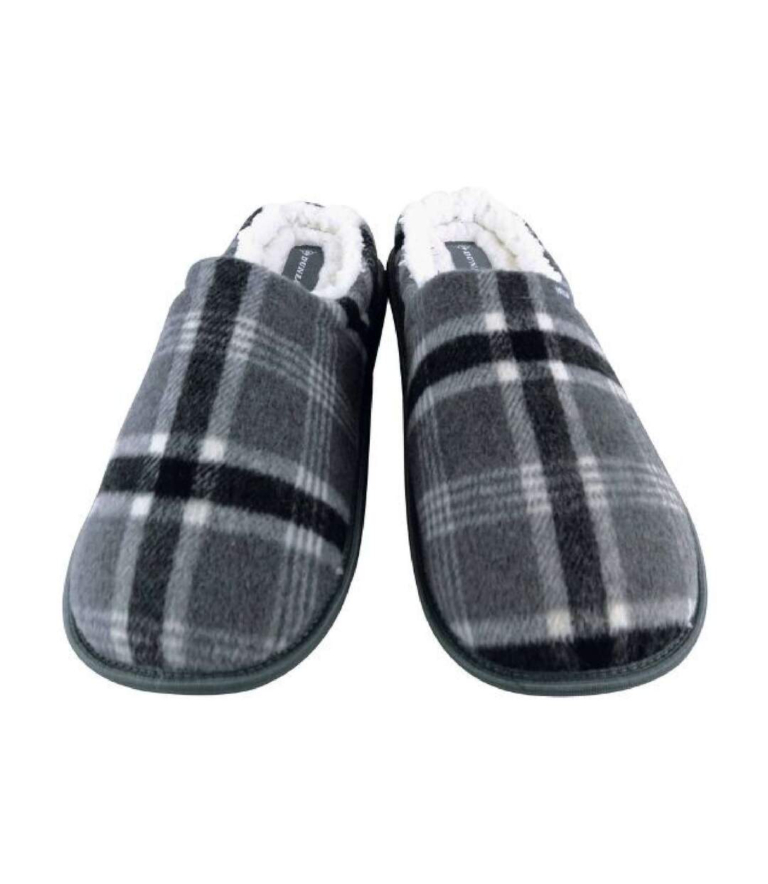 Mens Plush Fleece Lined Slip On Mule Checked Plaid Slippers-2