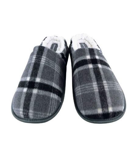 Mens Plush Fleece Lined Slip On Mule Checked Plaid Slippers