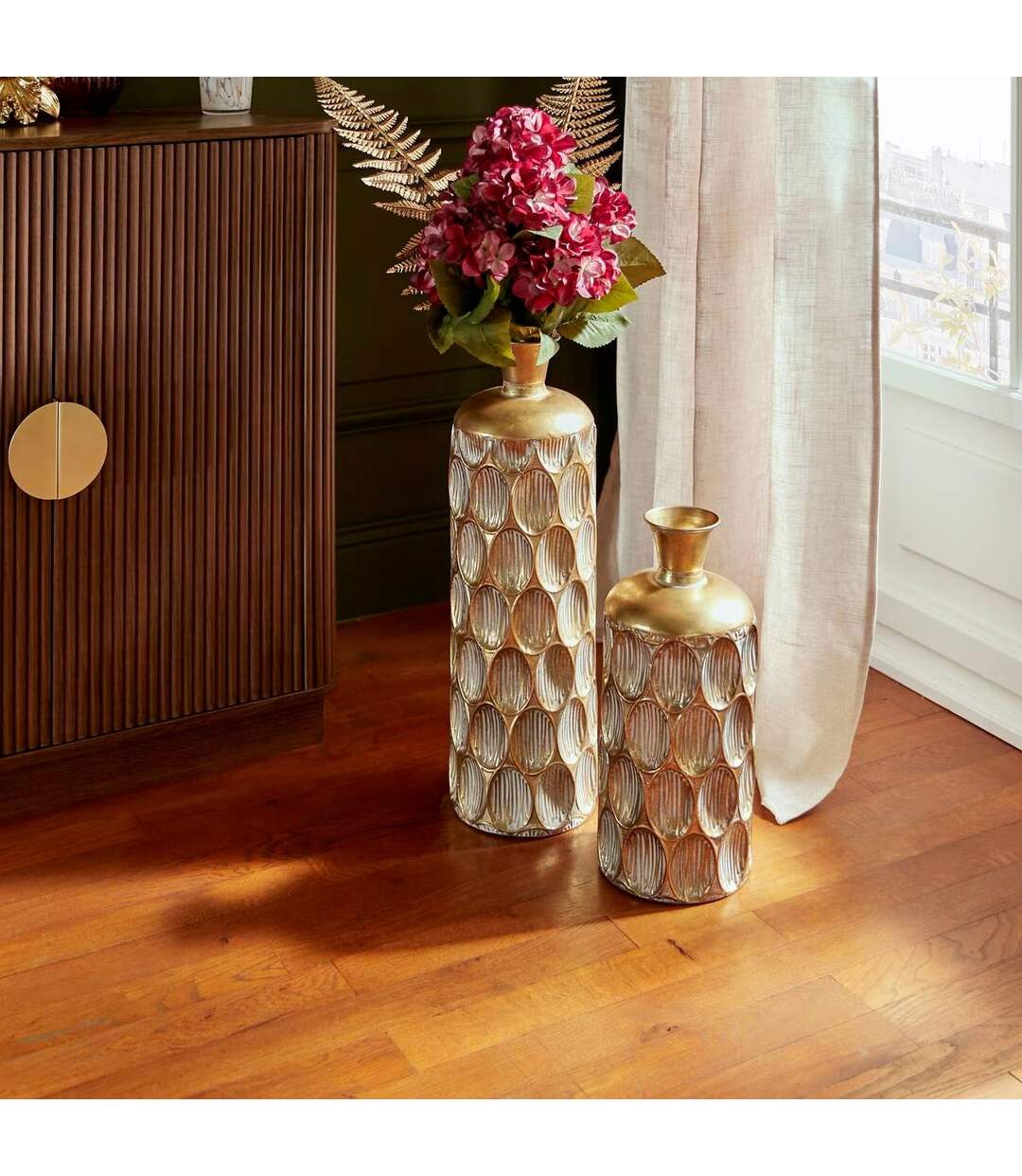 Vase Strié en Métal Belli 41cm Doré-3