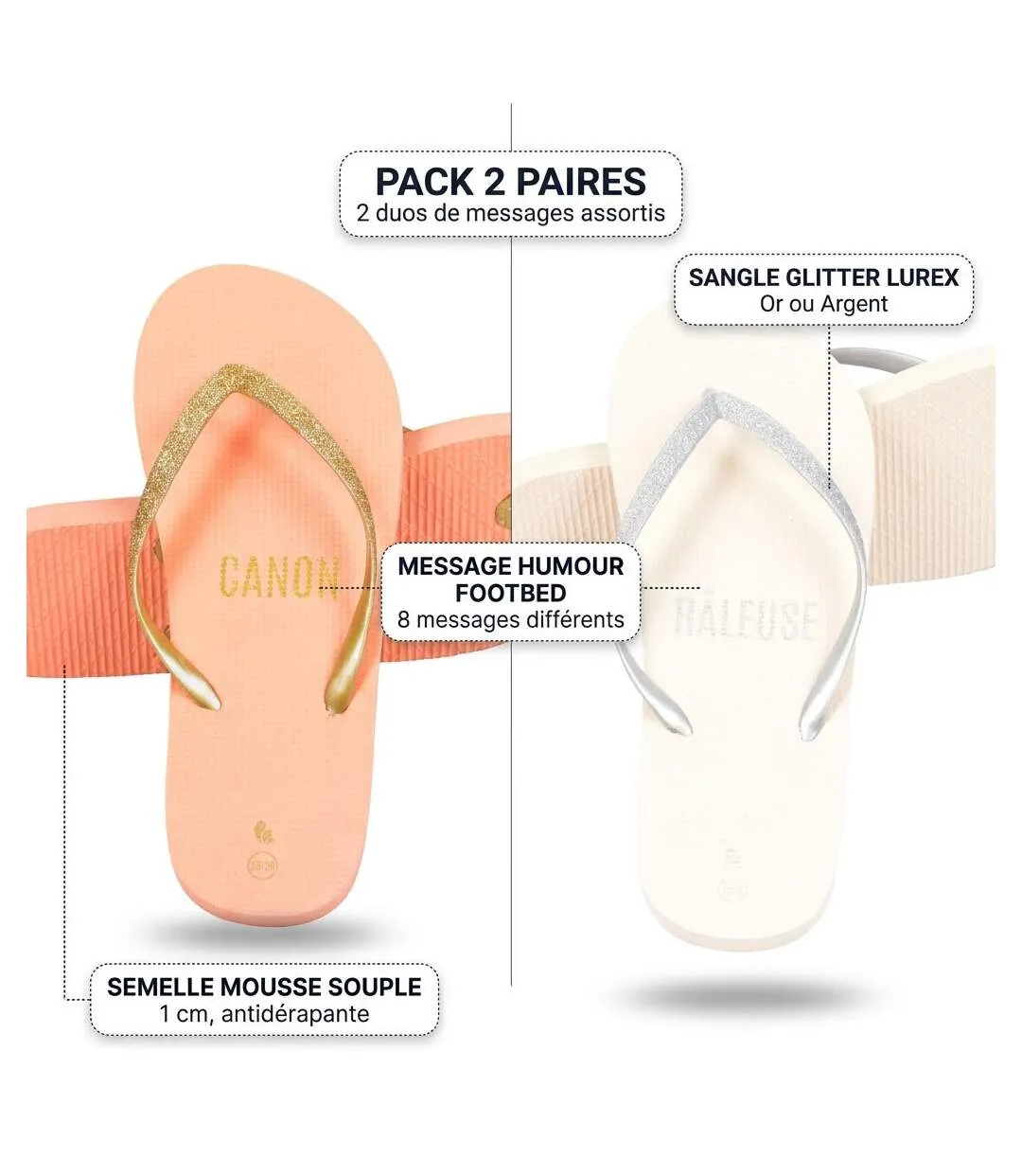 OZABI Pack 2 Paires Tongs Femme Glitter Message Humour-3