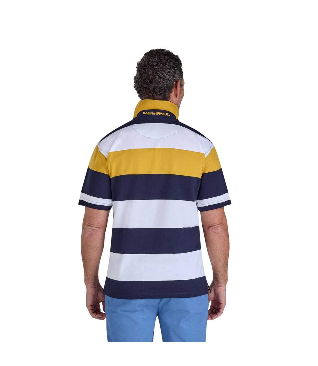 Mens Stripe Jersey Polo Shirt Navy White Yellow Raging Bull-3