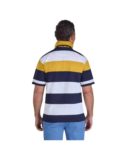 Mens Stripe Jersey Polo Shirt Navy White Yellow Raging Bull