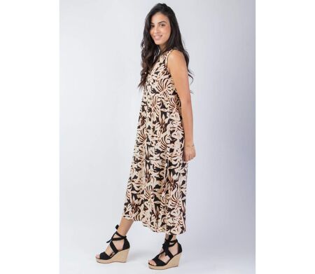 Robe longue viscose coupe ample MAITA imprimé ethnique noir et beige Coton Du Monde