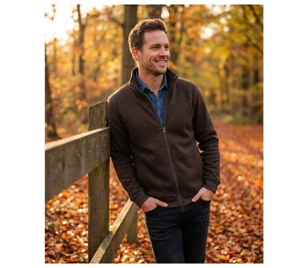 Cardigan Zippé Polaire Tricot Marron - Col Montant & Coudières